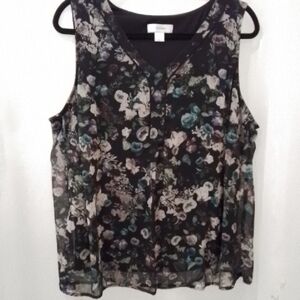 CJ Banks Black Floral Sleeveless V- Neck Blouse